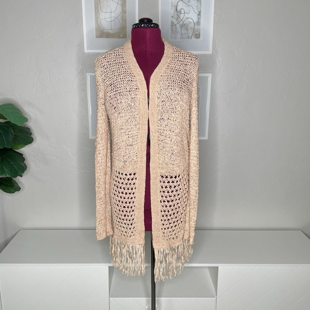 Chico's Travelers Cardigan Womens 1 Medium Beige Gold Metallic Fringe Crochet